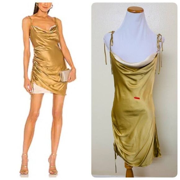 cinq a sept Dresses & Skirts - Cinq a Sept Tallulah Silk Mini Dress Size 6 Gold Cowlneck Peekaboo Hem $395